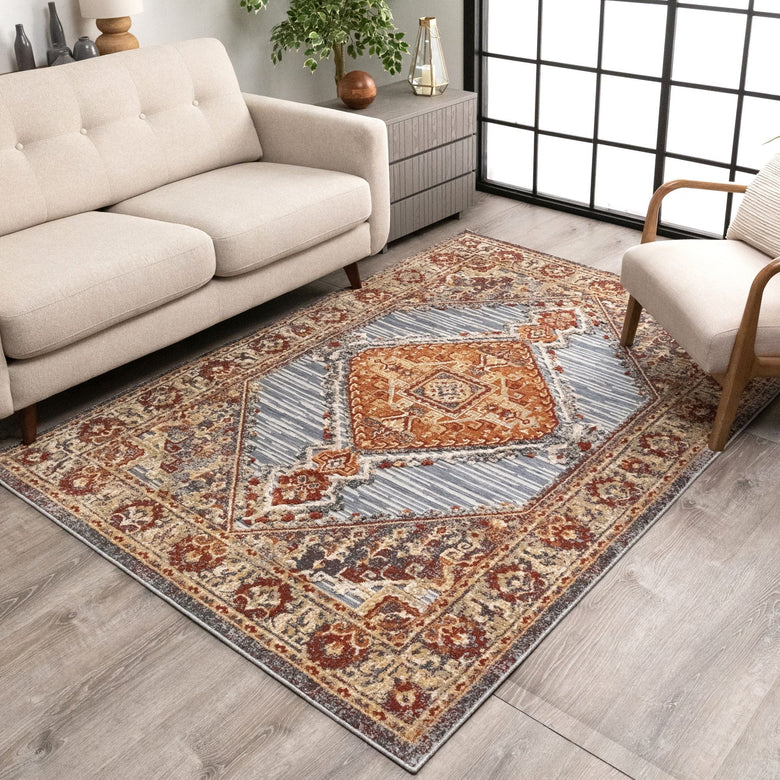 Liliana Transitional Persian Aztec Grey Red Flatweave High-Low Rug WIL-96